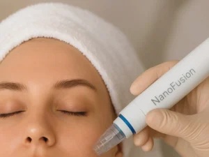 NanoFusion Facial — a skin therapist giving a client a NanoFusion Facial