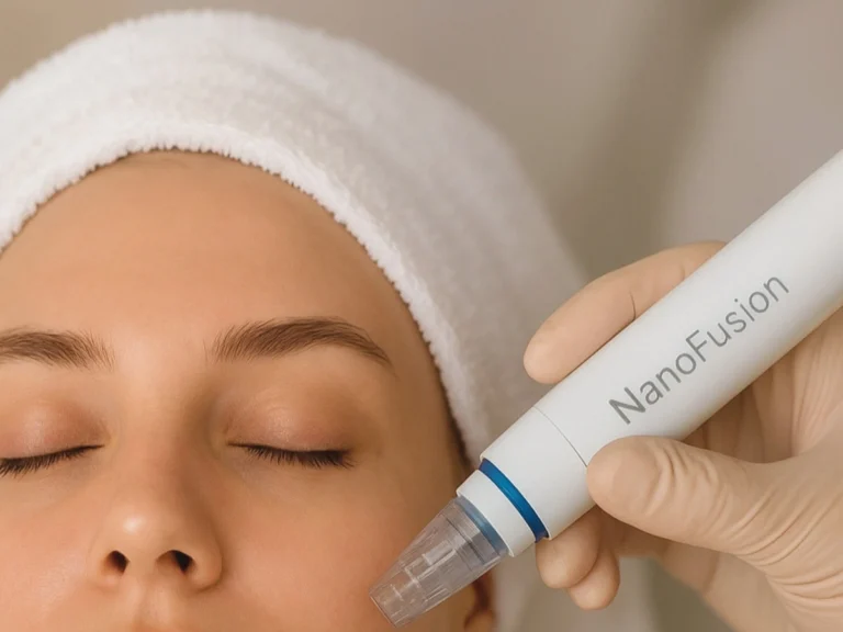 NanoFusion Facial — a skin therapist giving a client a NanoFusion Facial